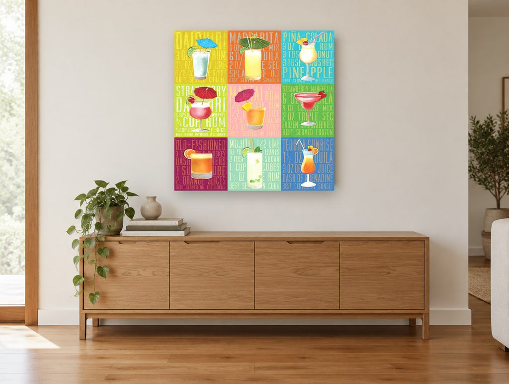 Tropical Cocktail Grid kitchen canvas print on the wall of a living room above a sideboard