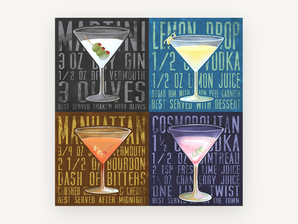 Four Martini Recipes, kitchen canvas wall art print, front view