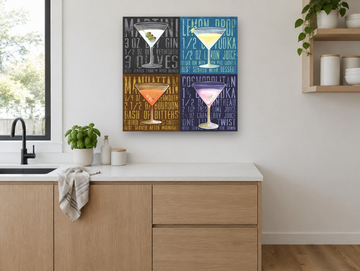 Four Martini Recipes kitchen canvas print on the wall of a kitchen