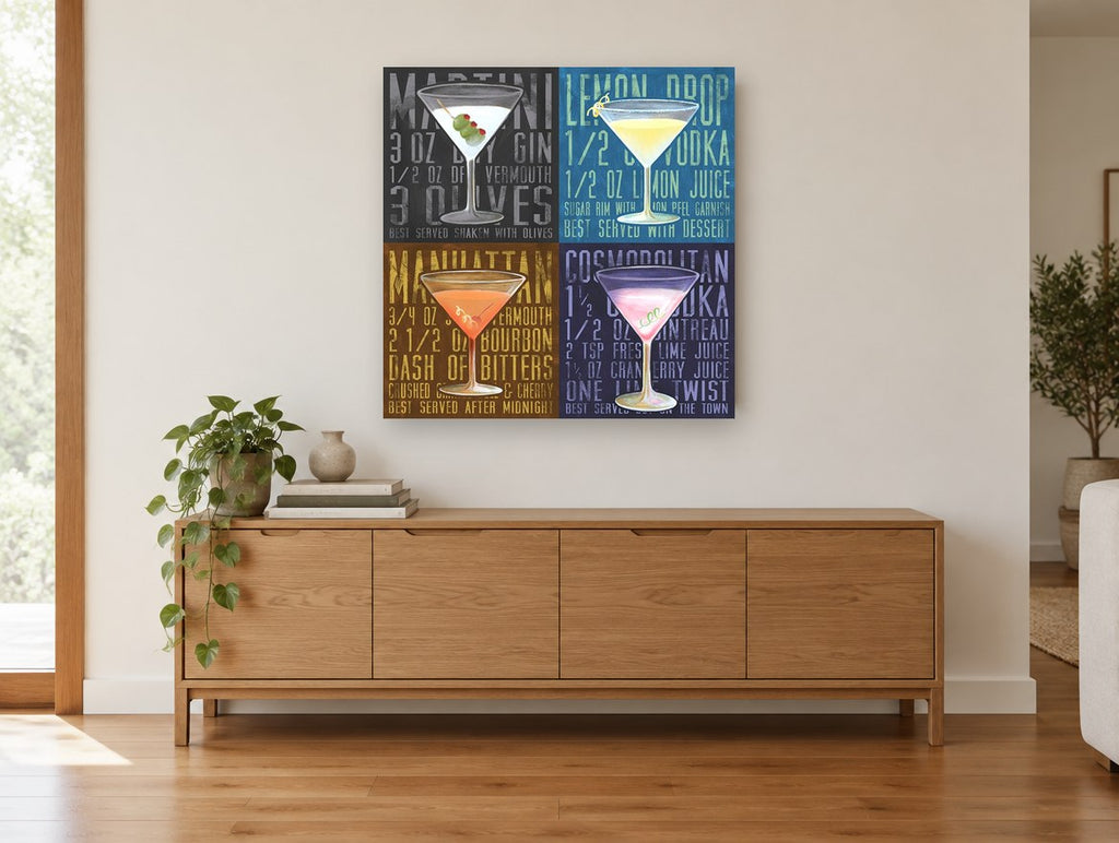 Four Martini Recipes kitchen canvas print on the wall of a living room above a sideboard