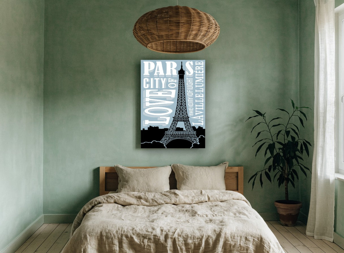 Paris City of Love vintage canvas print on the wall of a bedroom