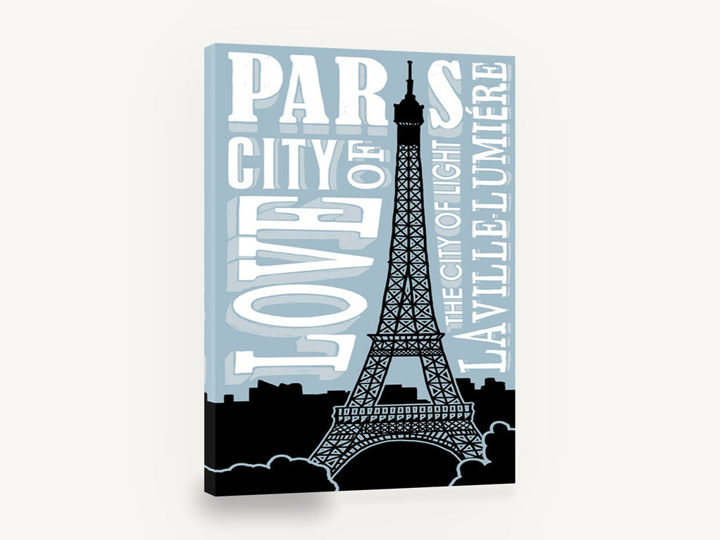 Paris City of Love, retro paris eiffel tower typography poster, stretched canvas wall art print ready to hang