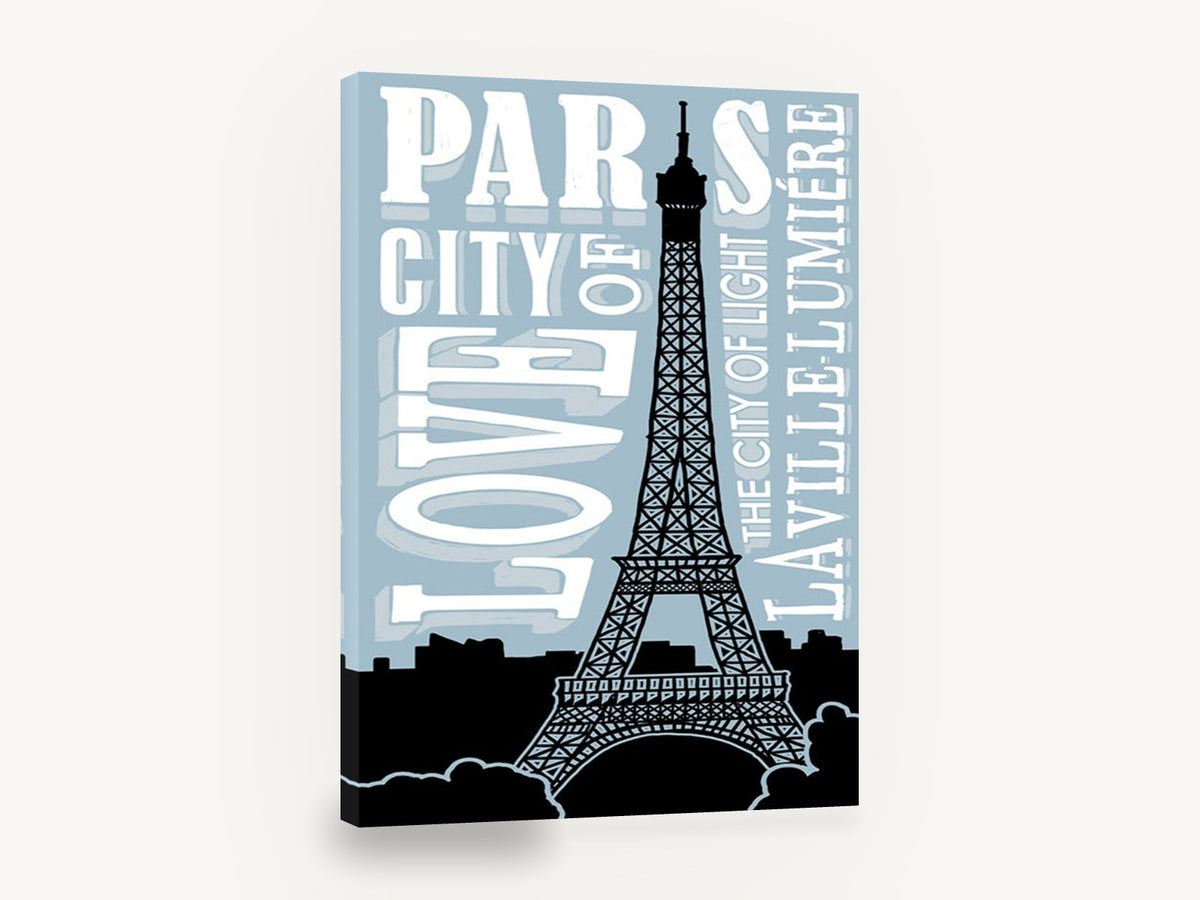 Paris City of Love, retro paris eiffel tower typography poster, stretched canvas wall art print ready to hang