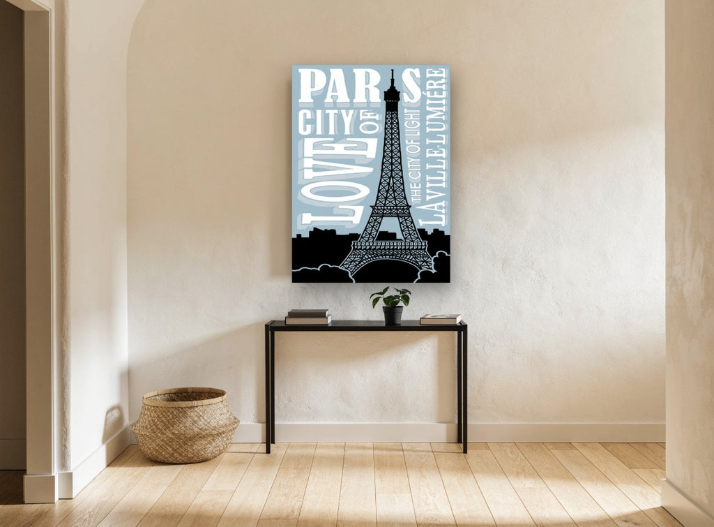 Paris City of Love vintage canvas print on the wall of a hallway