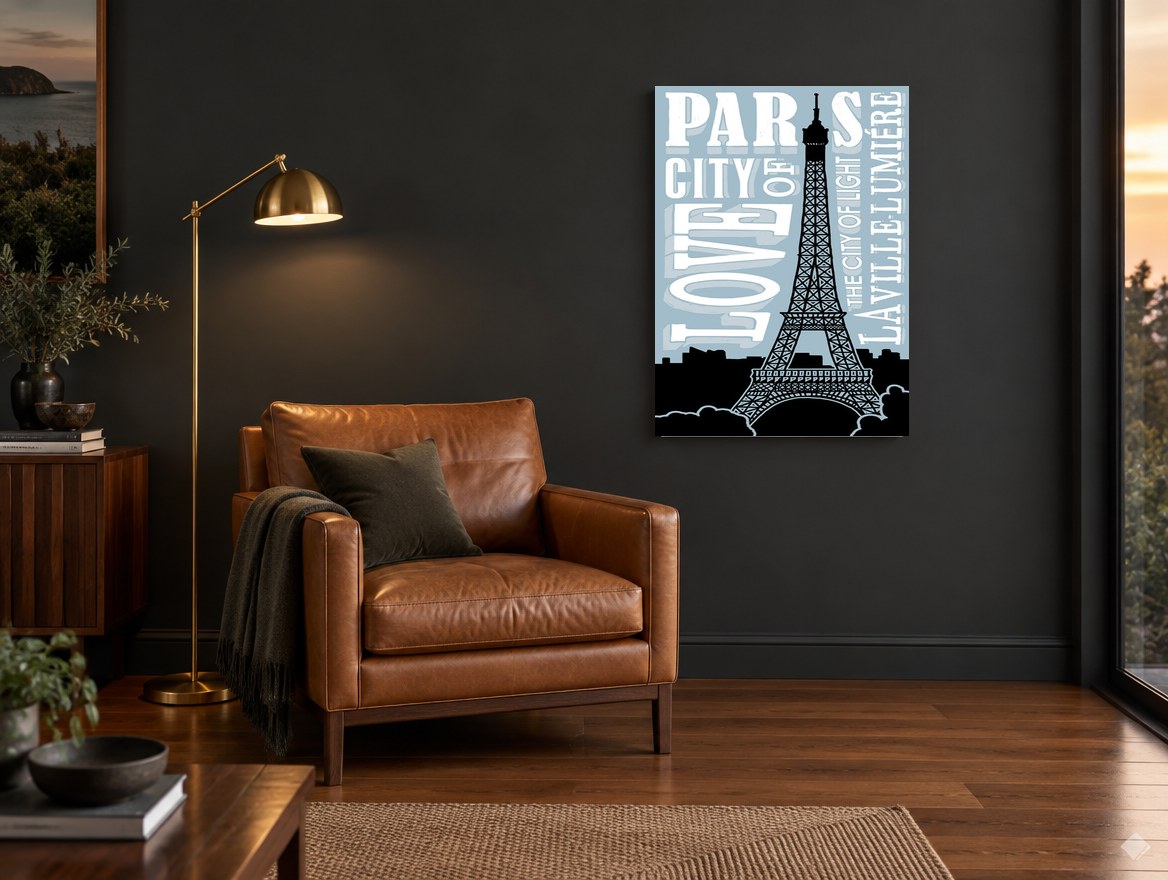 Paris City of Love vintage canvas print on the wall of a charcoal living room