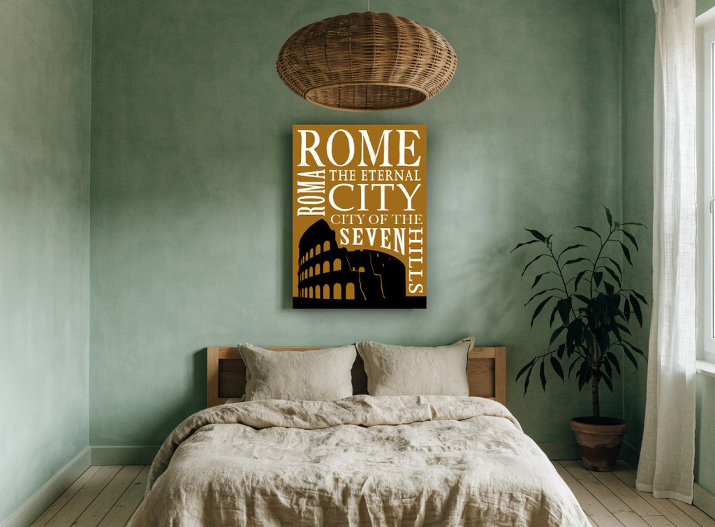 Rome Eternal City vintage canvas print on the wall of a bedroom