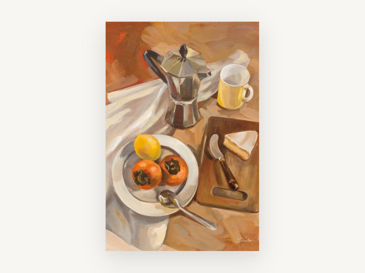Moka Pot and Persimmons, kitchen canvas wall art print, front view