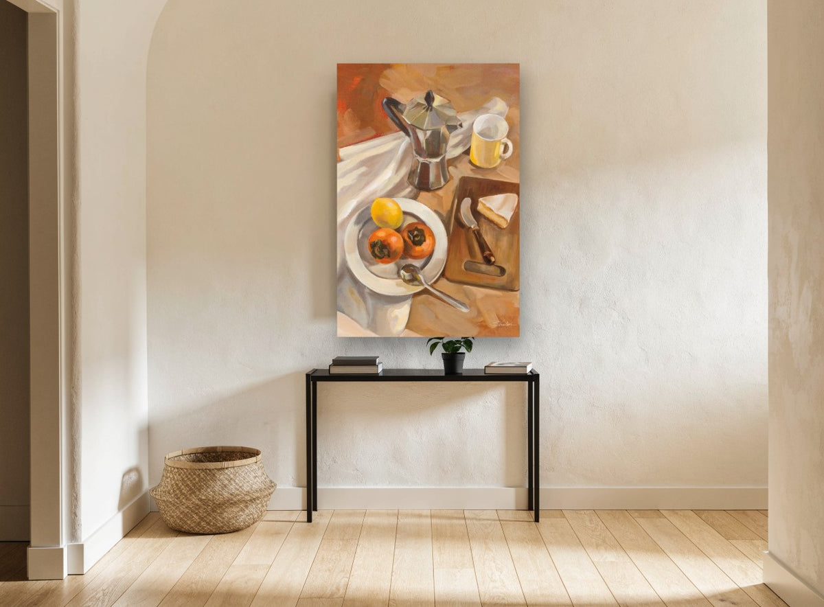 Moka Pot and Persimmons kitchen canvas print on the wall of a hallway