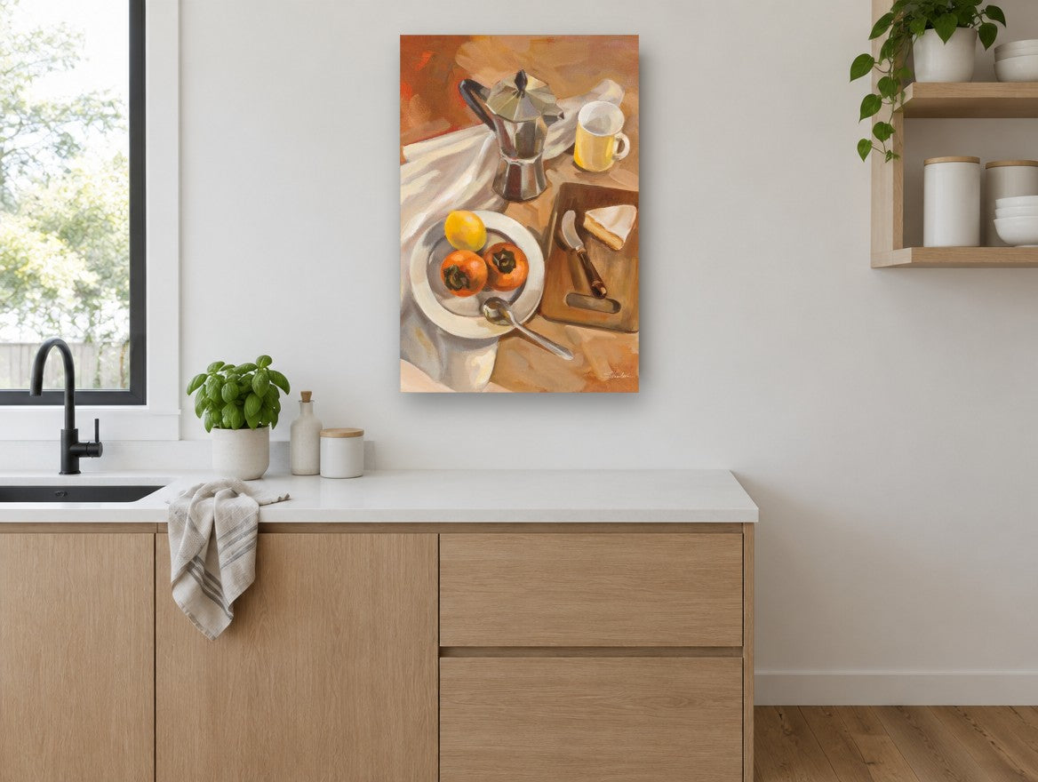 Moka Pot and Persimmons kitchen canvas print on the wall of a kitchen