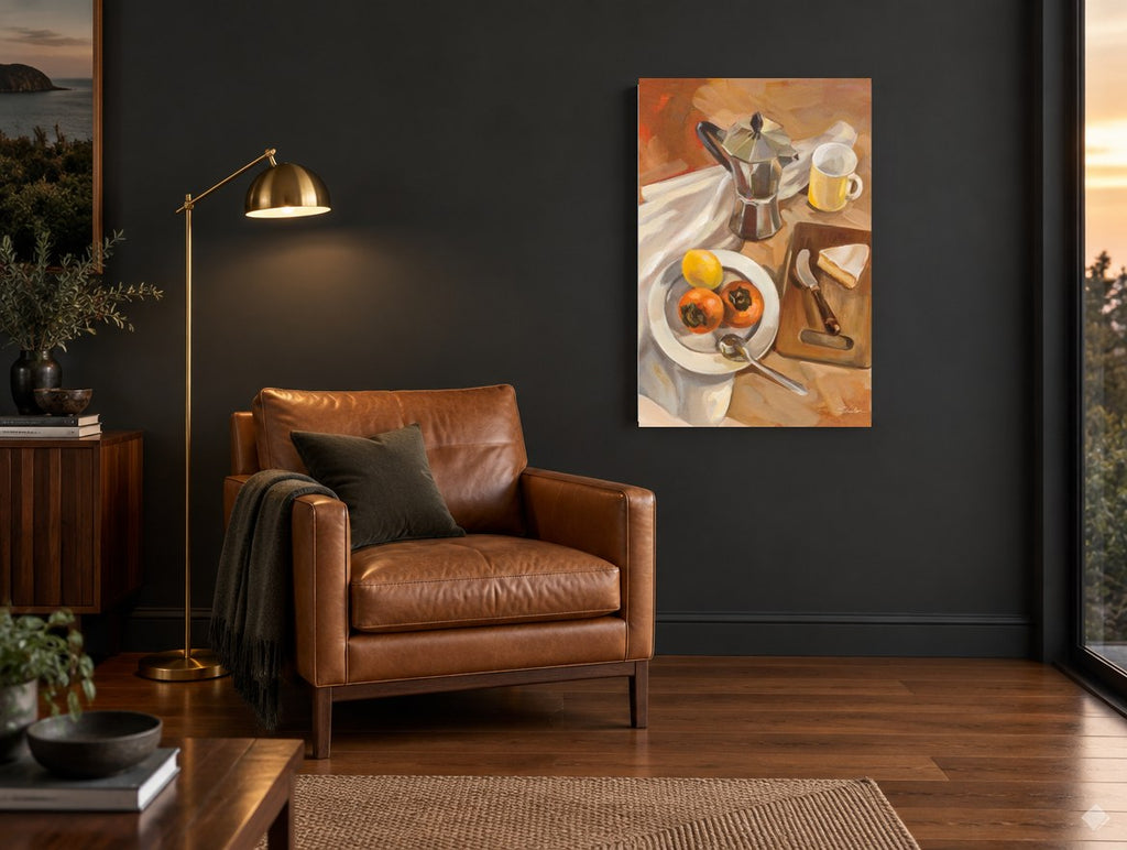 Moka Pot and Persimmons kitchen canvas print on the wall of a charcoal living room