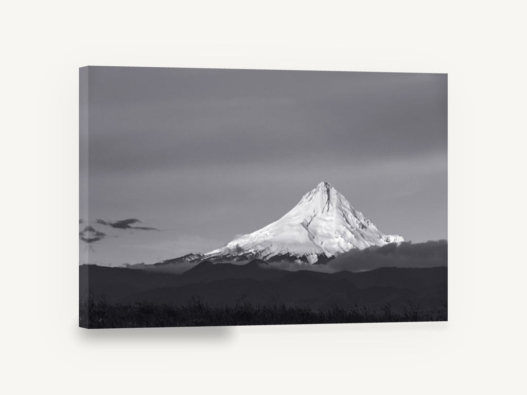Lit Peak Dusk, snowy mountain peak black and white photograph, landscape canvas wall art print ready to hang
