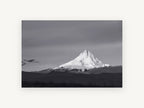 Lit Peak Dusk, snowy mountain peak black and white photograph, landscape canvas wall art print, front view