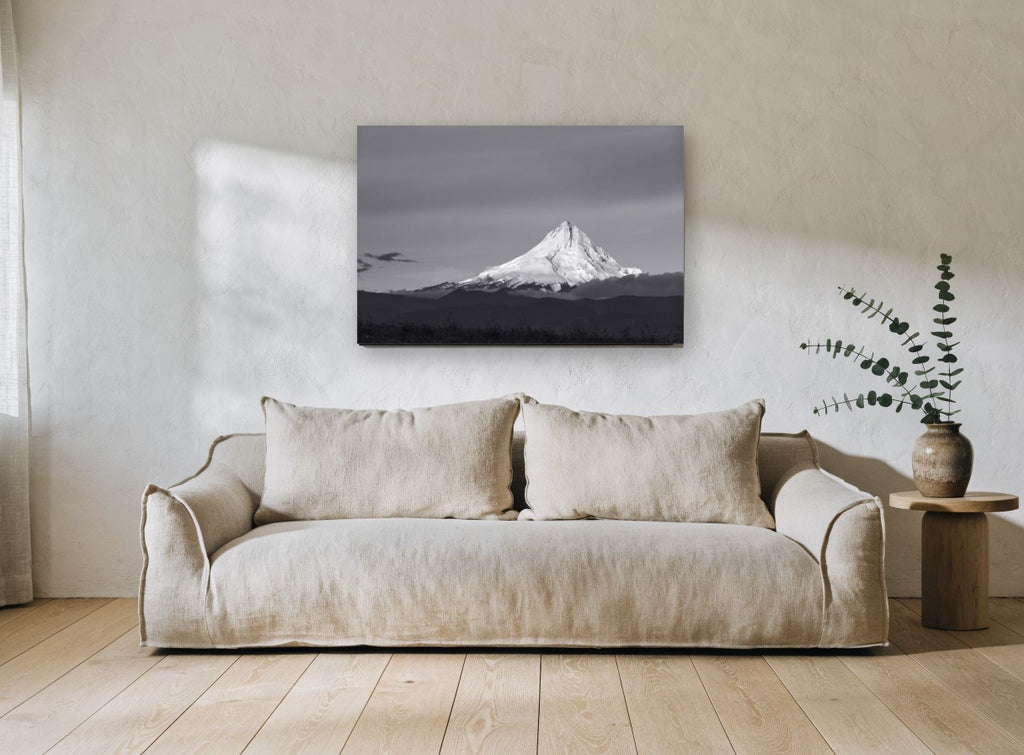 Lit Peak Dusk landscape canvas print on the wall of a living room