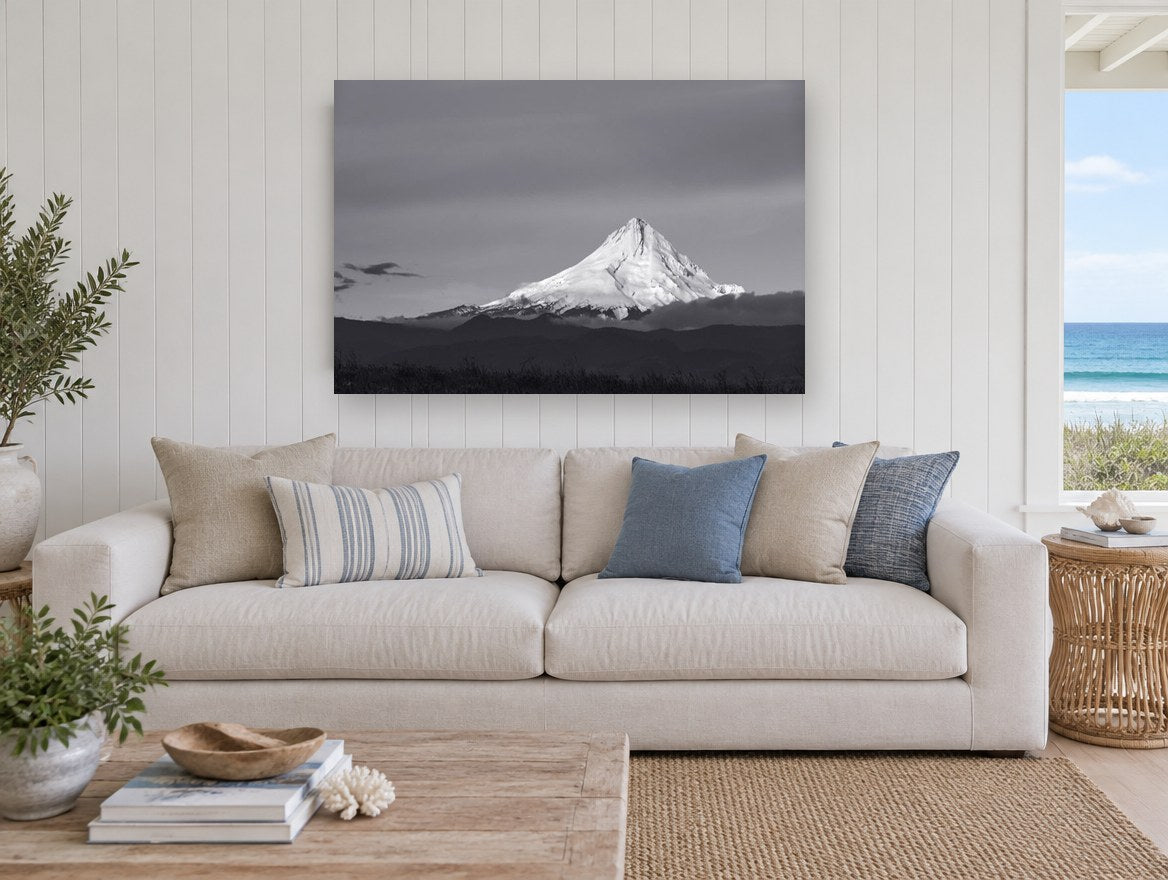 Lit Peak Dusk landscape canvas print on the wall of a beach house living room