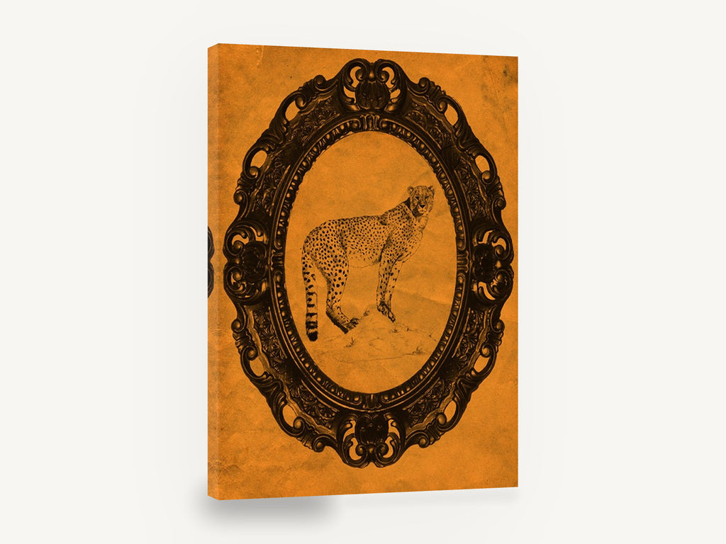 Tangerine Cheetah Portrait, vintage framed cheetah illustration, stretched canvas wall art print ready to hang