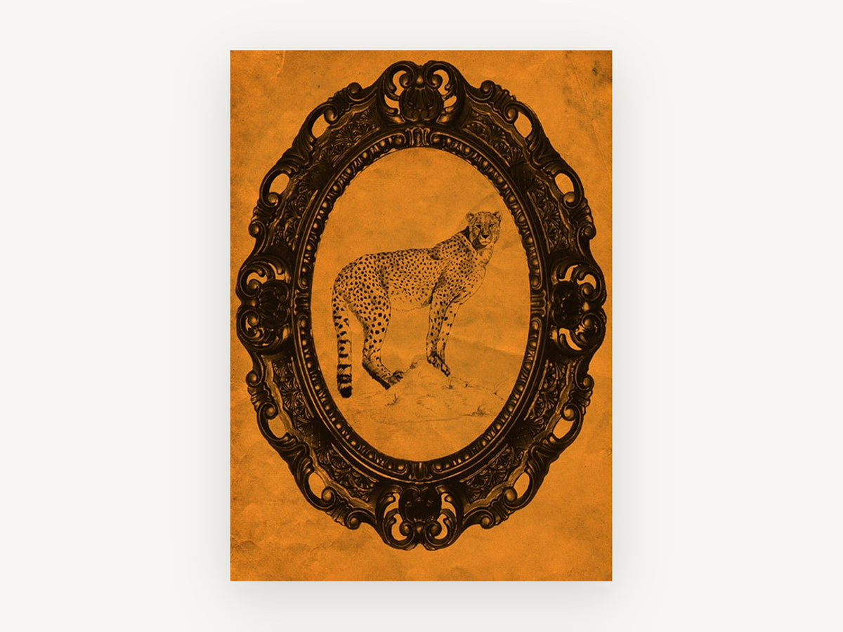 Tangerine Cheetah Portrait, vintage canvas wall art print, front view