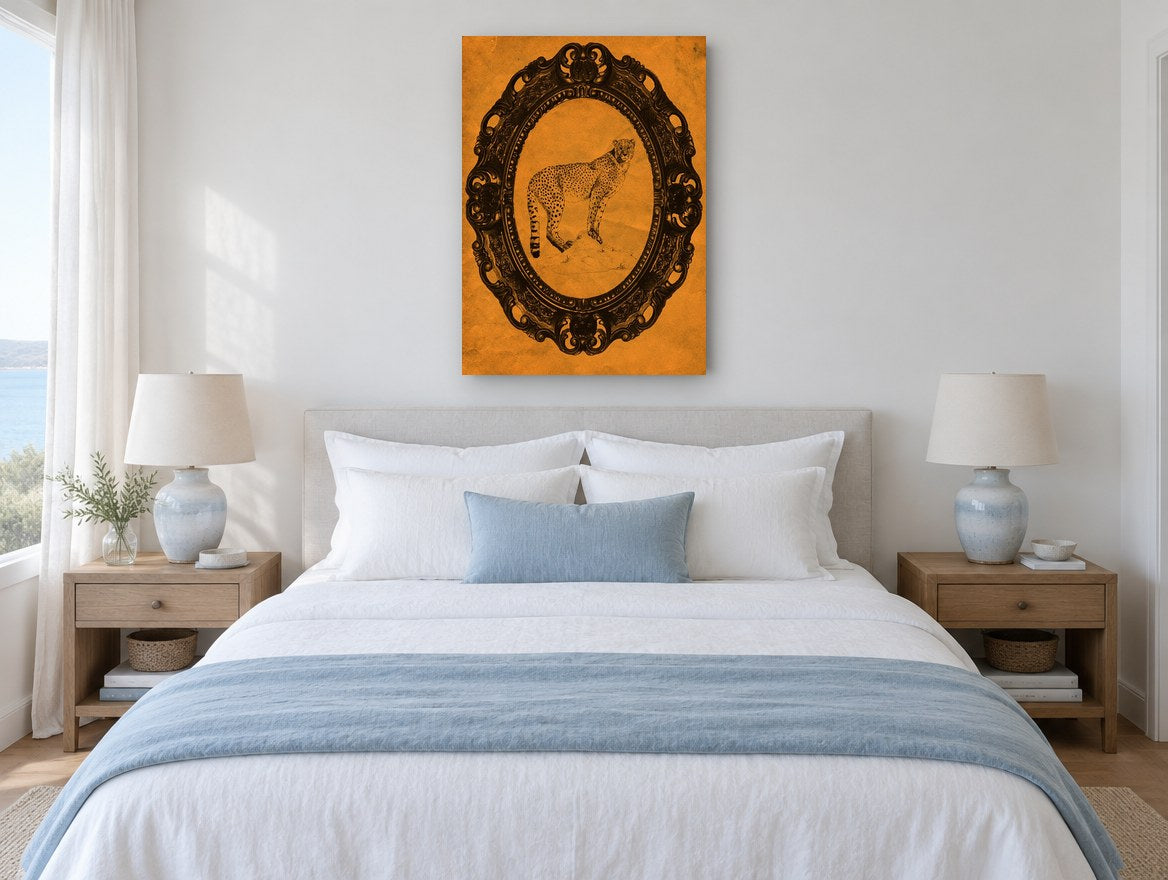 Tangerine Cheetah Portrait vintage canvas print on the wall of a coastal bedroom
