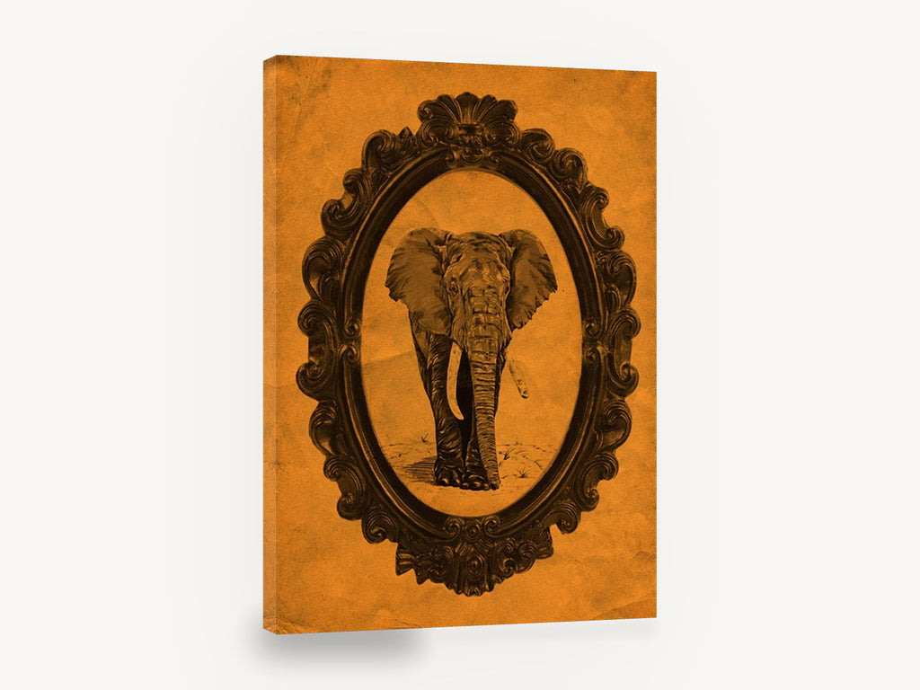 Tangerine Elephant Cameo, vintage framed elephant illustration, stretched canvas wall art print ready to hang