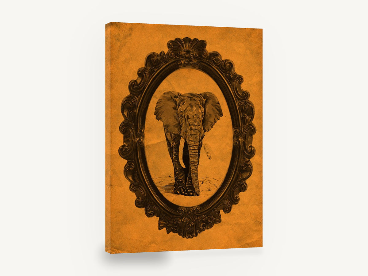 Tangerine Elephant Cameo, vintage framed elephant illustration, stretched canvas wall art print ready to hang