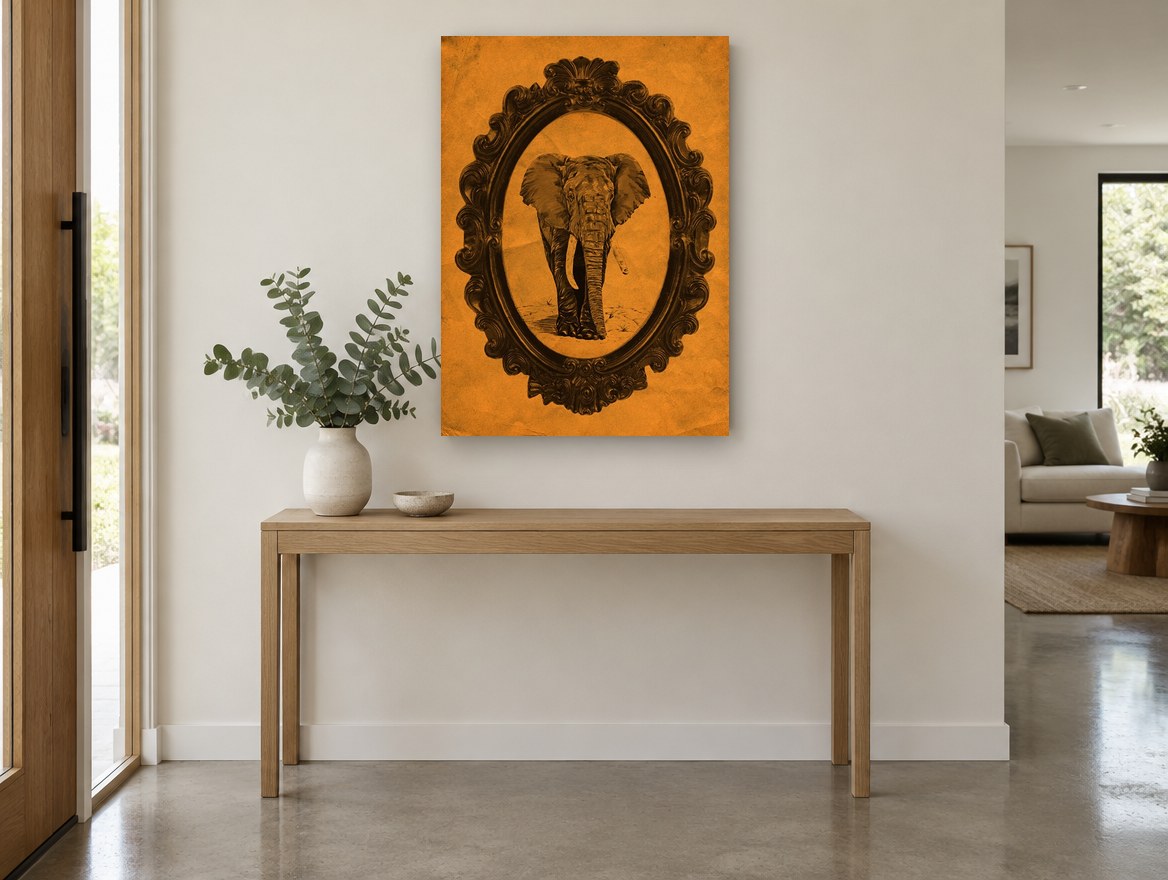 Tangerine Elephant Cameo vintage canvas print on the wall of a entry hall