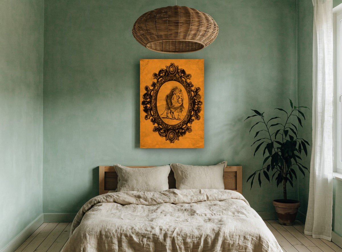 Tangerine Lion Portrait vintage canvas print on the wall of a bedroom