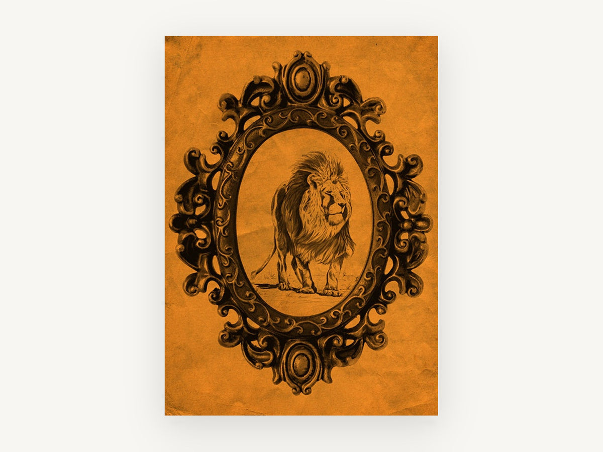 Tangerine Lion Portrait, vintage canvas wall art print, front view