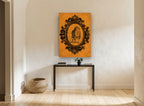 Tangerine Lion Portrait vintage canvas print on the wall of a hallway
