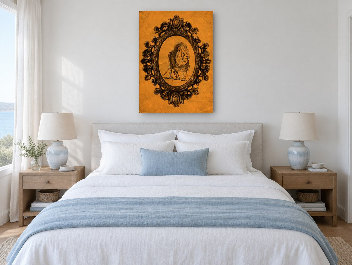 Tangerine Lion Portrait vintage canvas print on the wall of a coastal bedroom