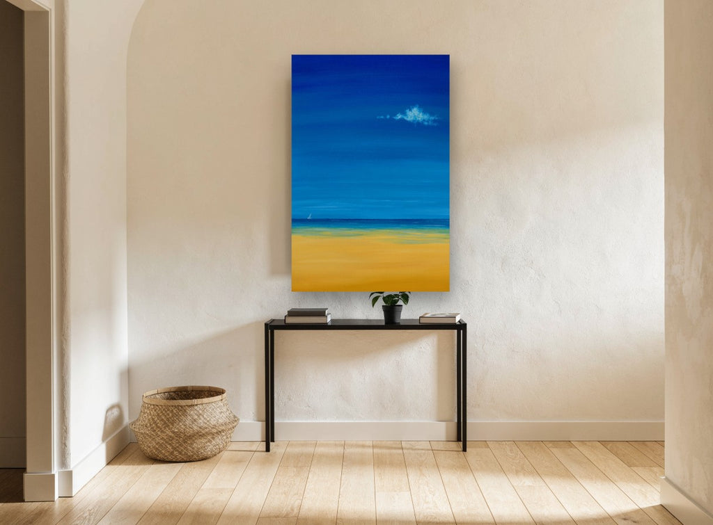Lone Sail Calm coastal canvas print on the wall of a hallway