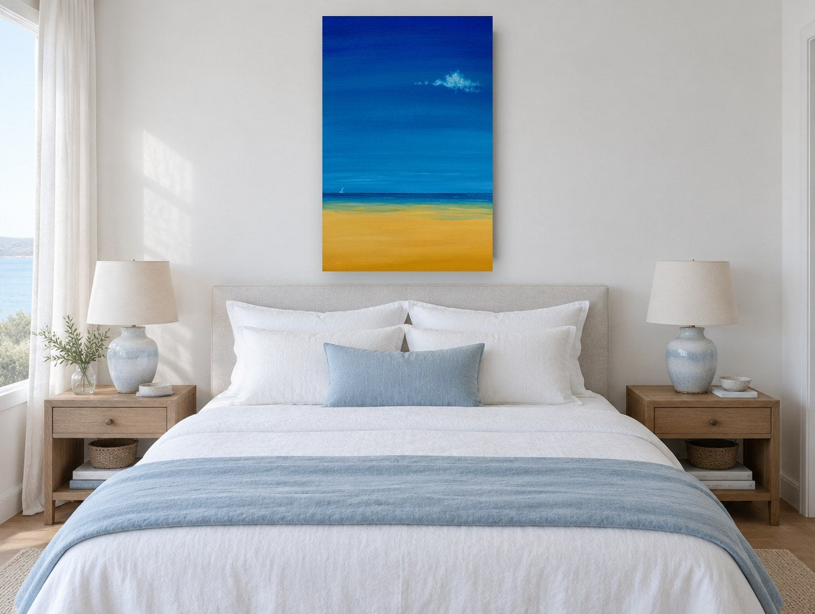 Lone Sail Calm coastal canvas print on the wall of a coastal bedroom