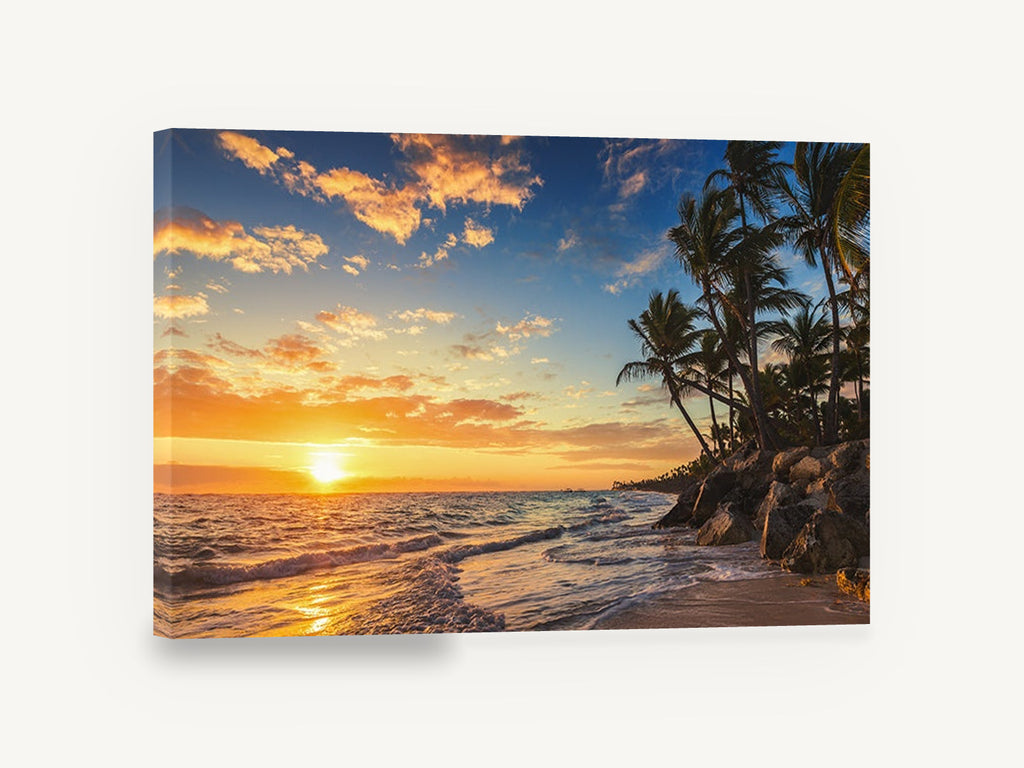 Golden Horizon Palm Cove, tropical beach sunrise palm photograph, coastal canvas wall art print ready to hang