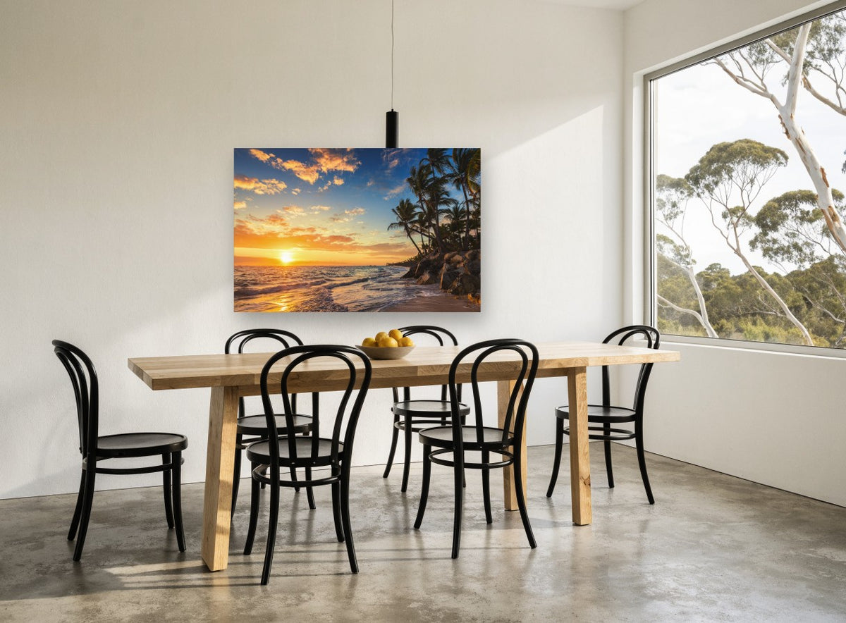 Golden Horizon Palm Cove coastal canvas print on the wall of a dining room
