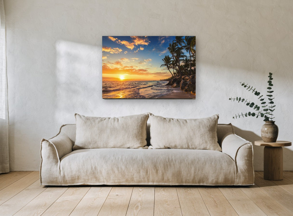 Golden Horizon Palm Cove coastal canvas print on the wall of a living room
