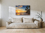 Golden Horizon Palm Cove coastal canvas print on the wall of a living room