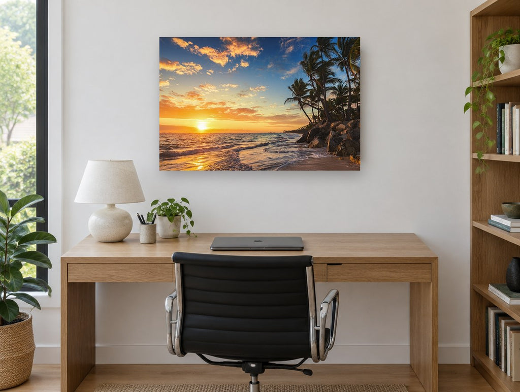 Golden Horizon Palm Cove coastal canvas print on the wall of a study