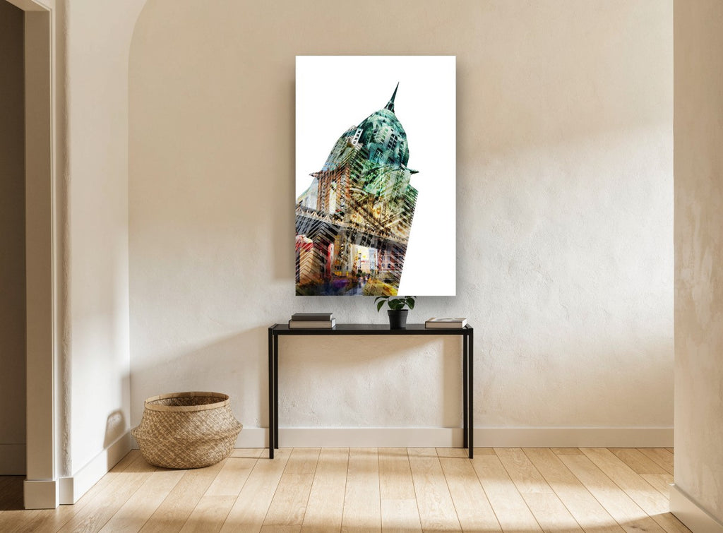 Chrysler Crown Collage city canvas print on the wall of a hallway
