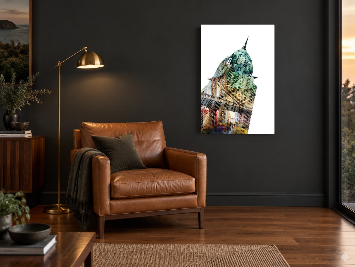 Chrysler Crown Collage city canvas print on the wall of a charcoal living room