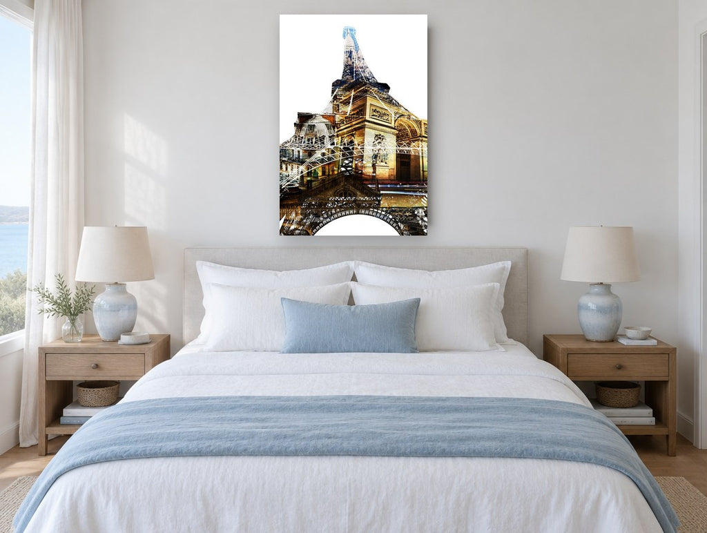 Paris Double Exposure city canvas print on the wall of a bedroom