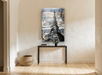Eiffel Tower Textured Rooftops city canvas print on the wall of a hallway