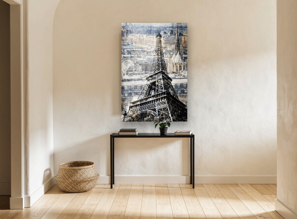 Eiffel Tower Textured Rooftops city canvas print on the wall of a hallway