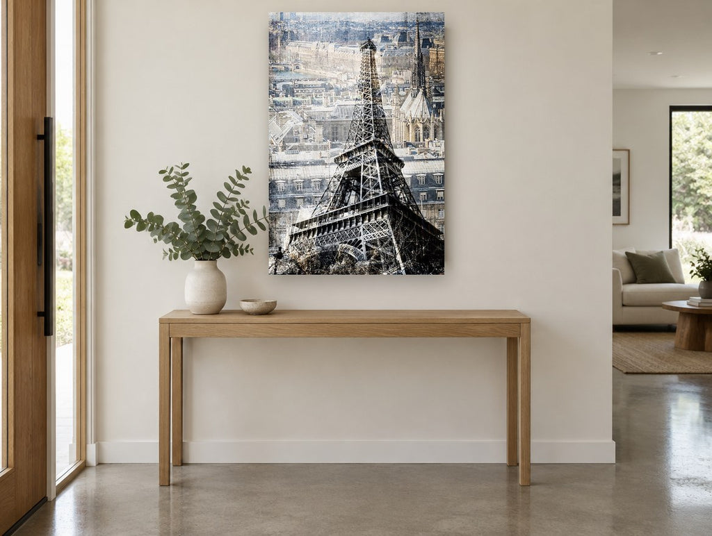 Eiffel Tower Textured Rooftops city canvas print on the wall of a entry hall