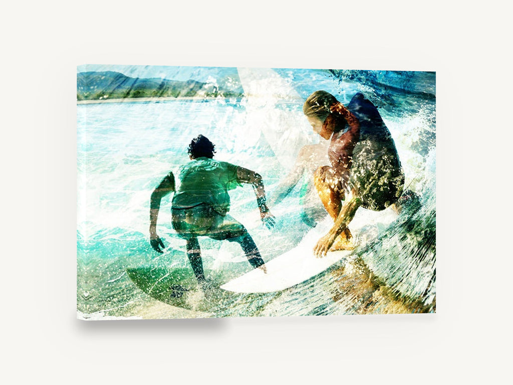 Twin Surfers Double Exposure, two surfers double exposure photograph, coastal canvas wall art print ready to hang