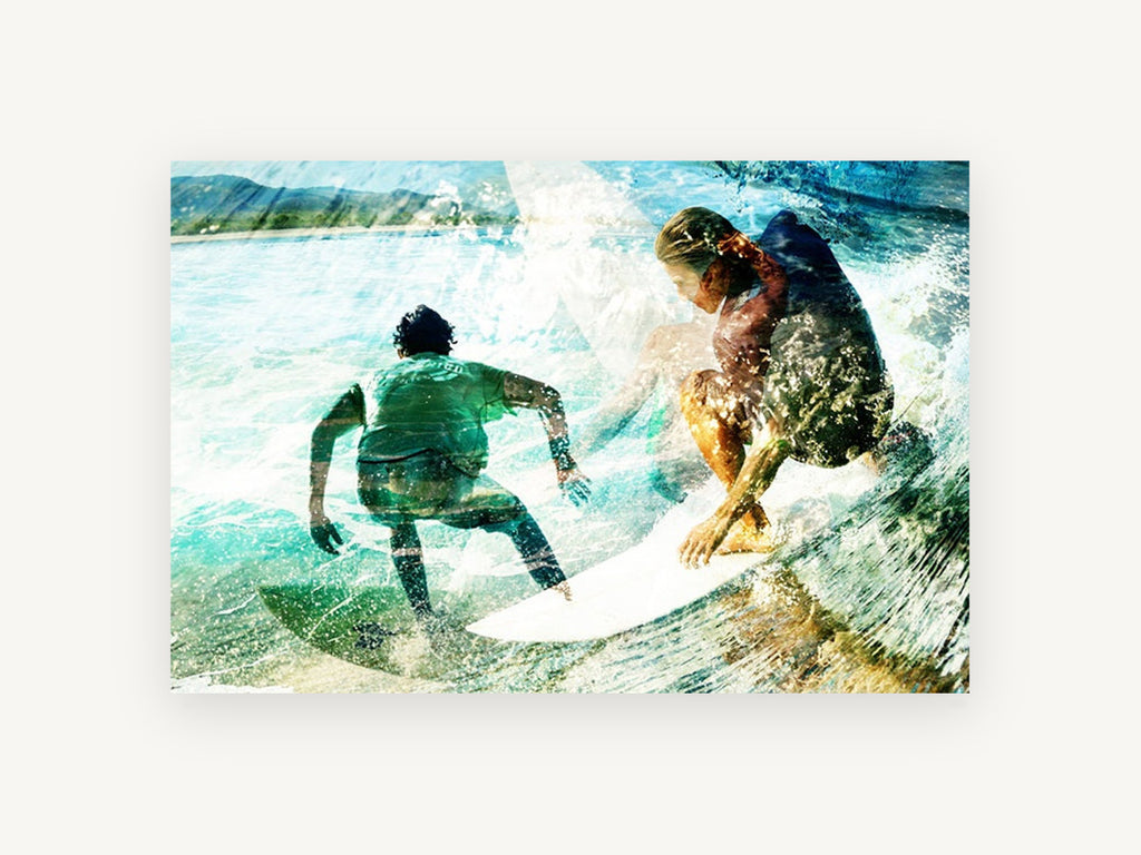 Twin Surfers Double Exposure, coastal canvas wall art print, front view