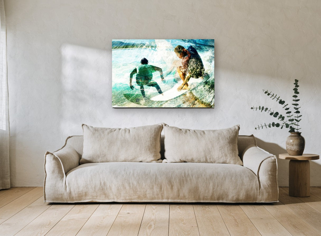 Twin Surfers Double Exposure coastal canvas print on the wall of a living room