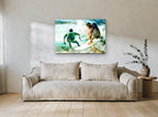 Twin Surfers Double Exposure coastal canvas print on the wall of a living room