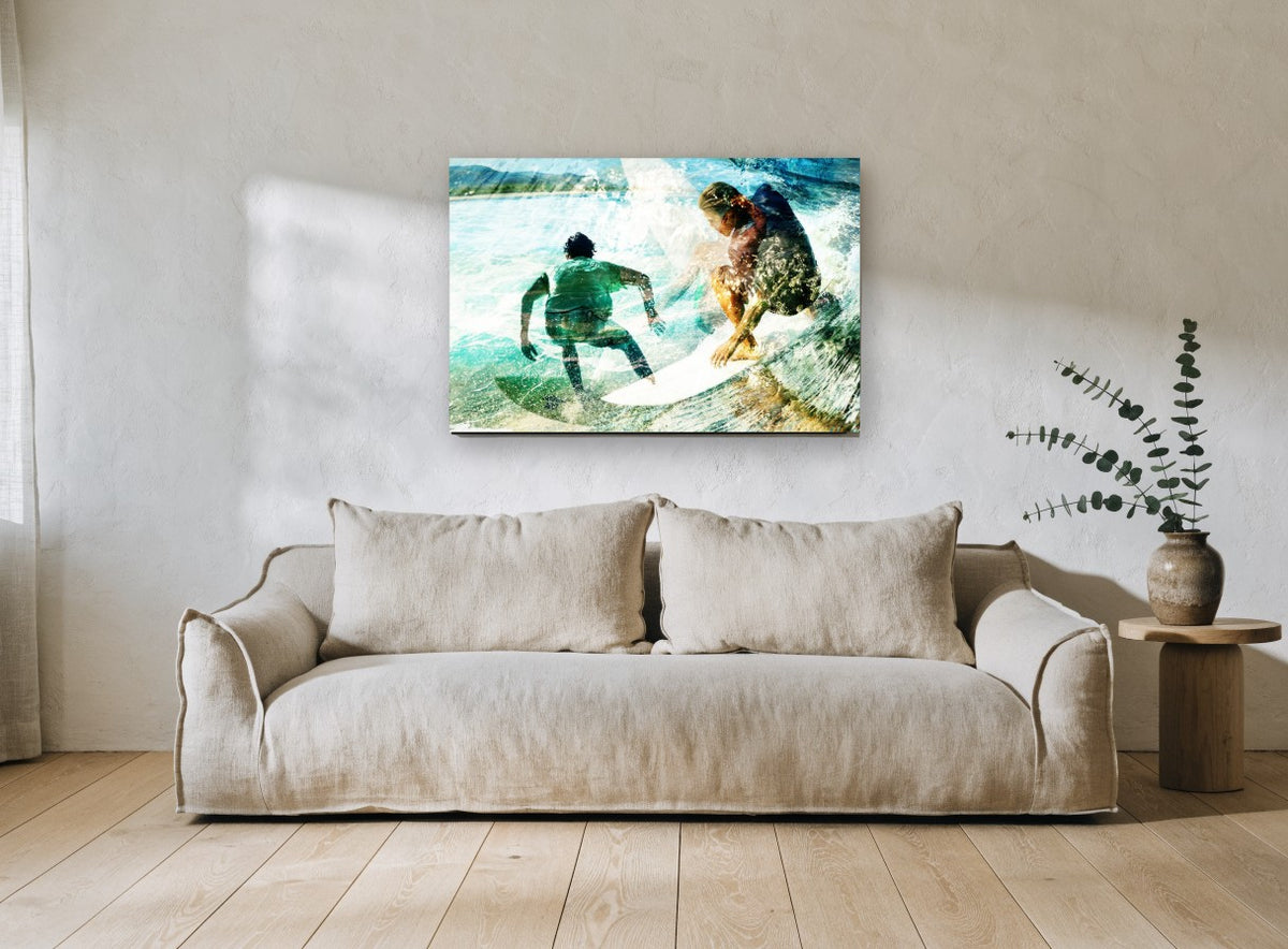 Twin Surfers Double Exposure coastal canvas print on the wall of a living room