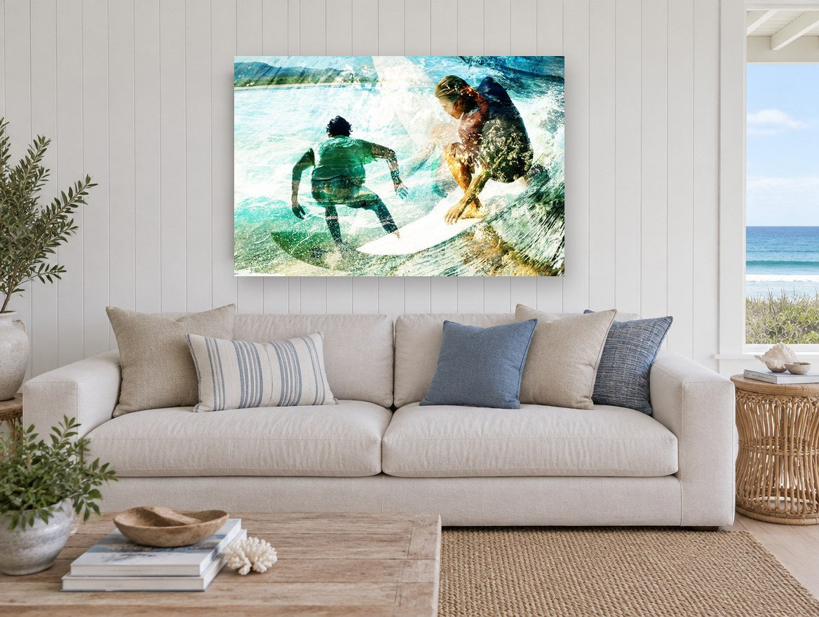 Twin Surfers Double Exposure coastal canvas print on the wall of a beach house living room