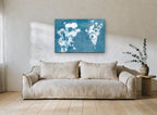 Blue Print Meadow Stems floral canvas print on the wall of a living room