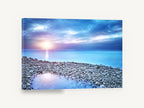 Pebble Shore Dusk, pebble beach sunset seascape photograph, coastal canvas wall art print ready to hang
