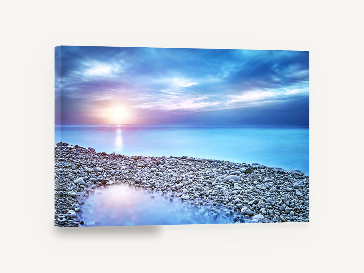 Pebble Shore Dusk, pebble beach sunset seascape photograph, coastal canvas wall art print ready to hang